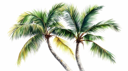 Naklejka premium Two Palm Trees Drawn with Green and Yellow Watercolor on a White Background