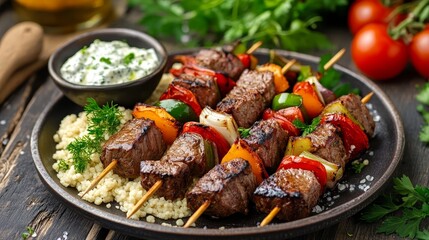 A delicious platter of grilled beef kebabs with vegetables, served with a yogurt sauce and couscous, garnished with herbs.