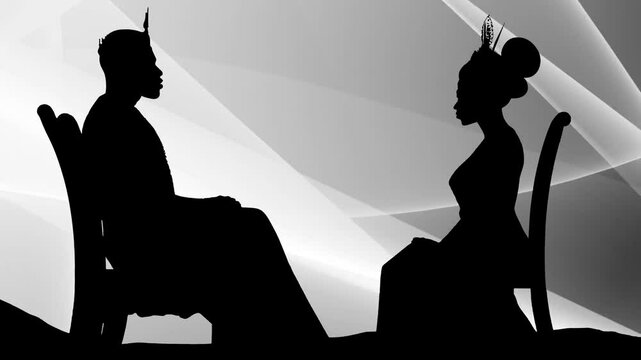 Silhouette of an African King and Queen Backlit by an Abstract Black and White Background