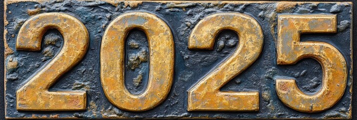 A weathered and textured 2025 sign, with numbers in a rustic golden finish set against a rough, stone-like dark background, showcasing an element of rustic charm and timelessness