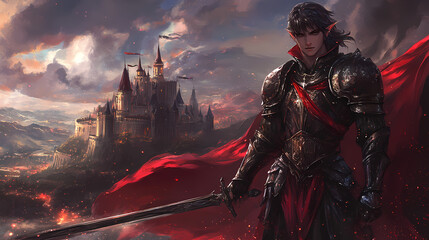 Naklejka premium Elegant warrior by the castle. Elven Kingdom. Illustration