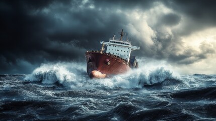 A large cargo ship sails through a dark and stormy ocean, facing high waves and ominous clouds. The intense atmosphere and turbulent sea create a sense of drama and adventure, fitting for maritime and