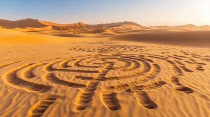 Naklejka premium A mesmerizing sand labyrinth in a desert landscape, showcasing intricate patterns against golden dunes at sunset.