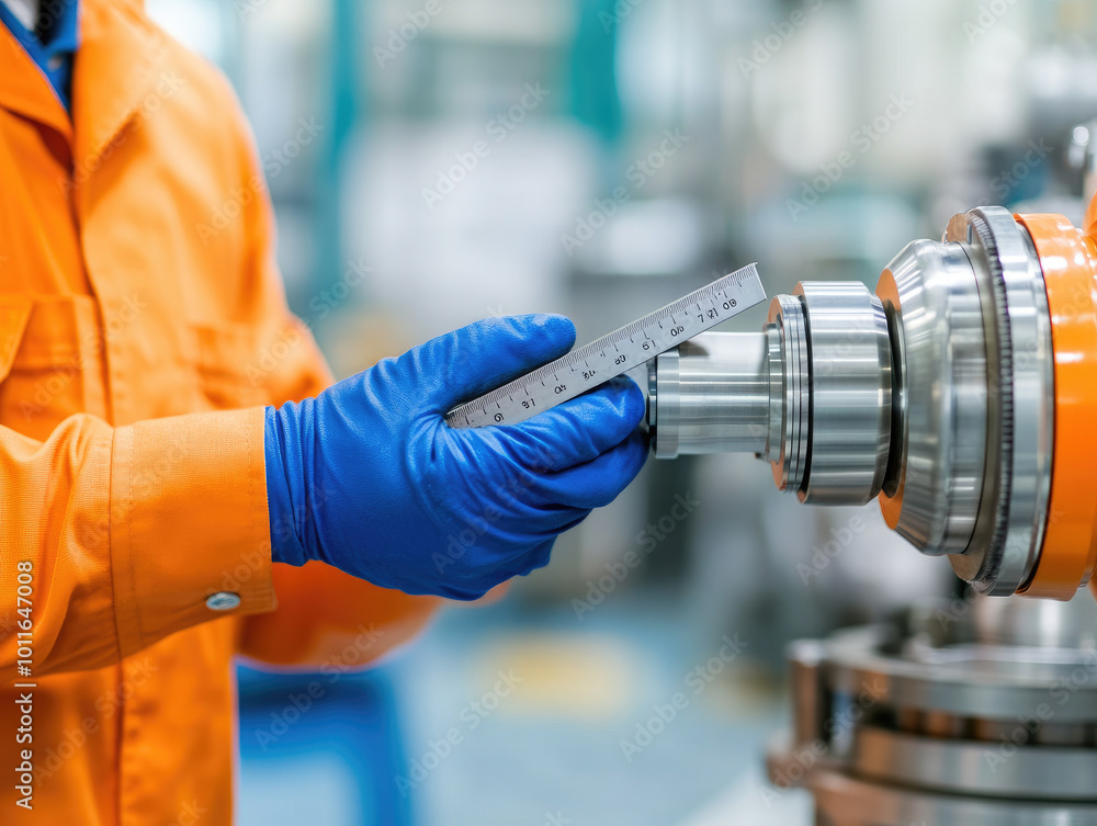 Aufkleber engineer examining mechanical component with calipers, ensuring precision measurement, highlighting 