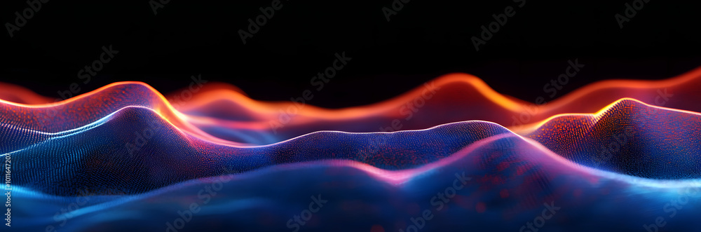Poster abstract digital landscape or waves with flowing particles. big data or technology background. visua