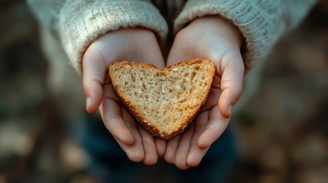 Tiny hands cradle a heart-shaped bread piece, embodying the spirit of sharing and warmth in a serene outdoor environment