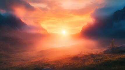 Fototapeta premium Sunset Over Mountains and Mist