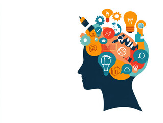 Vibrant Mindscape of Innovation, a human head brimming with colorful swirling symbols representing ideas in business and technology, showcasing creative thinking