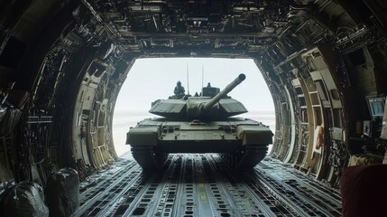 A military tank rolls out of a large cargo plane, ready for deployment, as mist blankets the ground, highlighting the intensity of military logistics