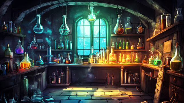 Enchanted alchemy lab interior with magical details. Alchemy Lab. Illustration