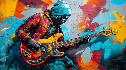 Graffiti Illustration of a Musician Playing Bass Guitar