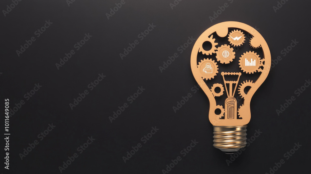 Poster gears of innovation, a lightbulb design symbolizing the fusion of mechanical creativity and business