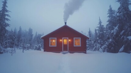 Tranquil Winter Scene: Snowy Cabin in Canadian Forest at Twilight with Smoke from Chimney Shot on Sony A7R IV