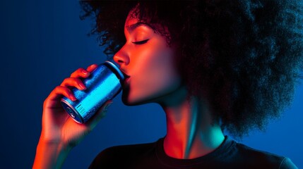 A woman in profile sips from a metallic can, highlighted by vibrant blue and red lighting. The dynamic contrast in colors and soft glow on her skin create an energetic, modern vibe perfect for