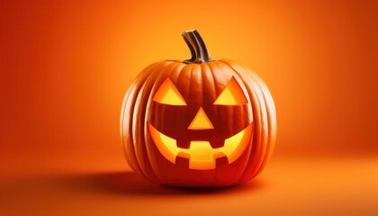 Glowing Jack-o'-Lantern with Carved Grinning Face Illuminates Against Vibrant Orange Background, Perfect Symbol of Halloween Festivities, Spooky Season, and Autumnal Celebrations