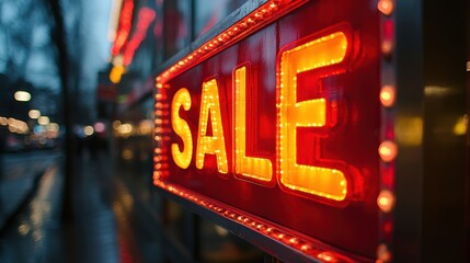 A brightly illuminated red SALE sign with yellow glowing lights, signaling a discount or promotion, positioned prominently along an urban sidewalk during the evening