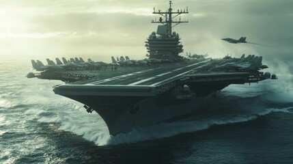 An enormous aircraft carrier cuts through choppy waters, while fighter jets prepare for a high-flying departure against a moody morning sky