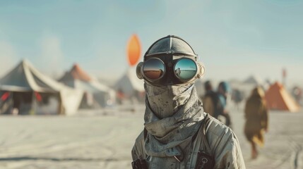 A person in steampunk-inspired desert gear and goggles, standing in an arid landscape with tents and people in the background.