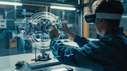 A man wearing VR glasses operates a high-tech holographic machine in a modern laboratory, highlighting advanced technology and innovative engineering.