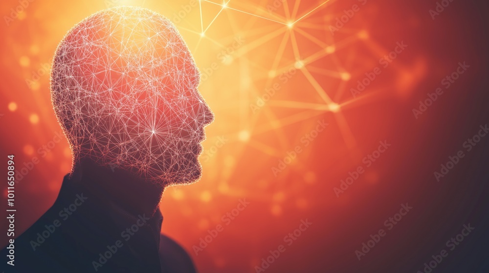 Poster abstract wires extend into a man's head, representing a connection to technology and data