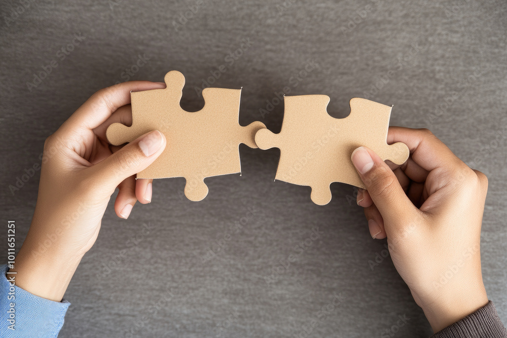 Poster puzzle pieces uniting in collaboration, hands symbolizing teamwork and negotiation, representing pro