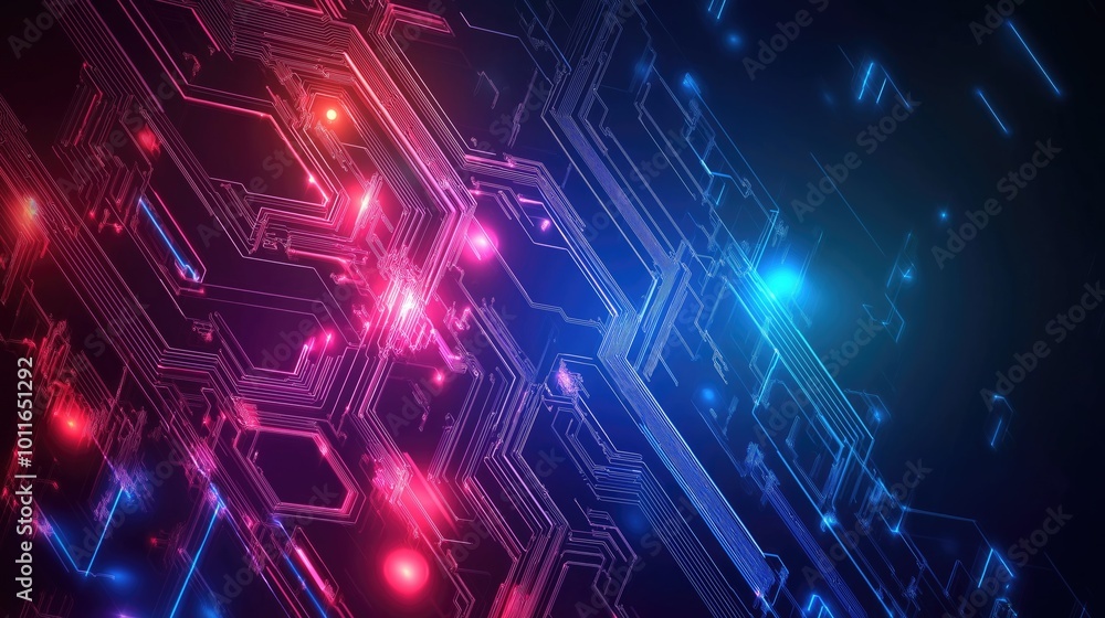 Poster abstract design with glowing interconnected circuits in a dynamic composition