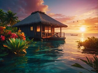 Fototapeta premium Experience the Serenity of a Tropical Beachfront Bungalow at Stunning Sunset Hours