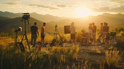 Filmmaking crew working on a sunny hillside during golden hour with equipment set up, capturing the serene landscape.