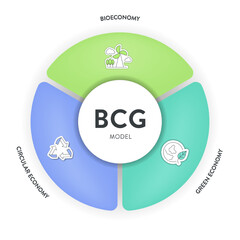 BCG model strategy infographic diagram chart banner template for presentation has bio economy, circular economy and green economy principles. Sustainable development by optimizing resource use, waste.