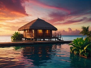 Fototapeta premium Experience the Serenity of a Tropical Beachfront Bungalow at Stunning Sunset Hours