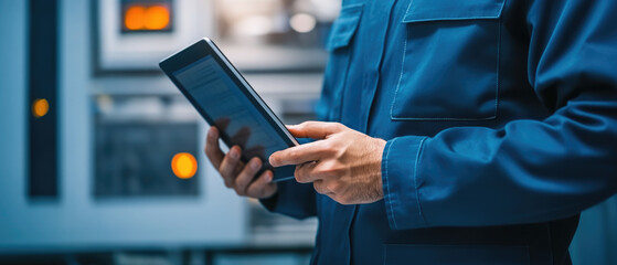 Worker in control room, tablet in hand, overseeing production quality, ensuring digital quality assurance and remote monitoring efficiency