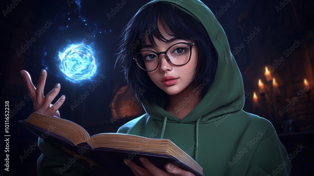 Poster a young girl wearing glasses and a hoodie casts a glowing magical spell while reading from a large b