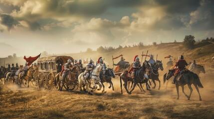 A dynamic scene depicting medieval knights on horseback escorting a covered wagon through a dusty plain under a dramatic sky.