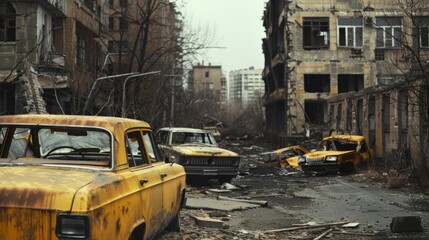 Fototapeta premium An abandoned street with dilapidated buildings and rusting cars, showing the remnants of civilization in a post-apocalyptic setting.
