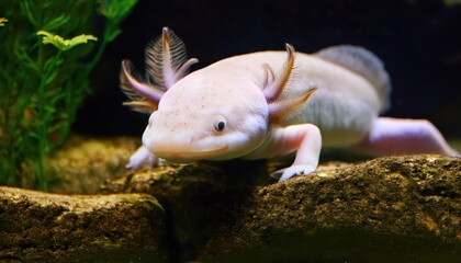 Obraz premium Close-up of a Pale Axolotl Resting on the Tank Floor, Showcasing Its External Gills and Smooth Skin in a Naturalistic Aquatic Environment