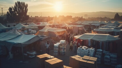 Fototapeta premium Bustling outdoor market under a setting sun, creating a warm, lively atmosphere filled with people, tents, and various goods.