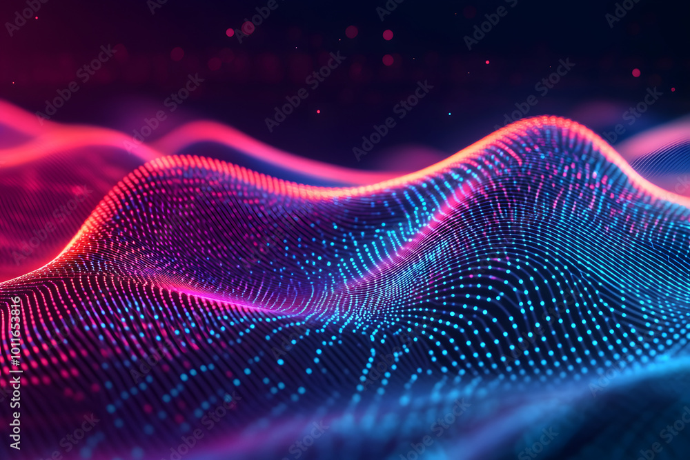 Poster big data abstract visualization: business charts analytics. 3d sound waves. digital surface with flo