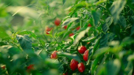 Vibrant red cherries peek through lush green leaves in a sun-dappled orchard, signaling a fruitful harvest season.