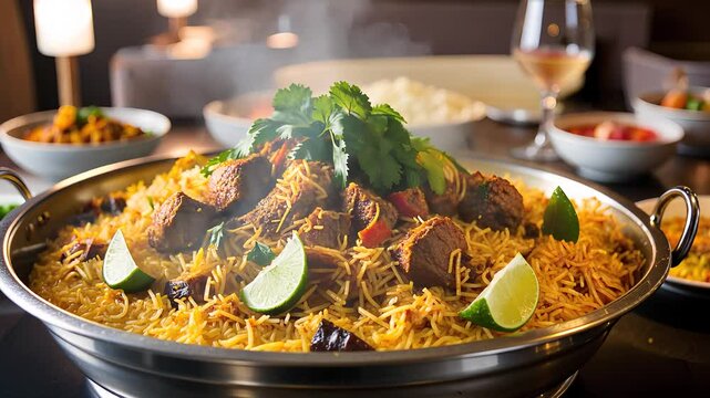 Traditional Lamb Biryani with Steaming Aromatic Rice and Fresh Herbs