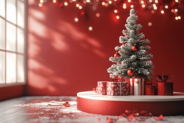 Festive Podium with Christmas Tree and Decorations
