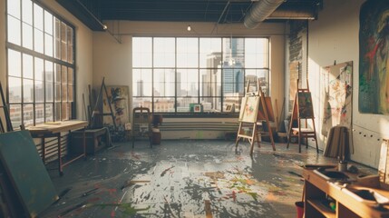 Sunlit artist's studio overlooking a cityscape, filled with canvases, paints, and a creative, messy floor.