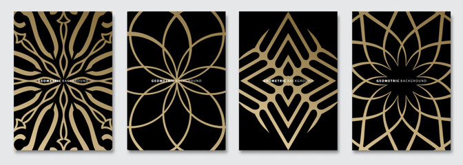 Vector abstract background, creative patterns, geometric gradient texture. Golden deluxe Minimal pattern design. Dark colors. Modern Cover templates set.