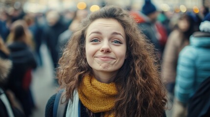 woman standing alone in a crowd looking at camera, her face reflecting deep emotions of happiness and showing a strange funny face