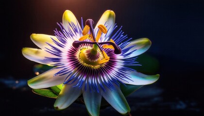 Obraz premium Vibrant Close-up of Exotic Passion Flower Blooming with Radiant Neon Petals and Stamen, Illuminated by Glowing Lights Against a Dark Background, Featuring Stunning Symmetry and Lush Green Leaves