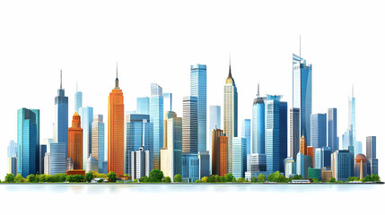 Fototapeta premium A 3D Rendered Illustration of a Modern City Skyline with Tall Glass Buildings and a White Background
