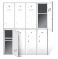 An illustration of a realistic storage lockers isolated on a white background, photo white metal locker with open doors two level, realistic pictures of lockers at school.