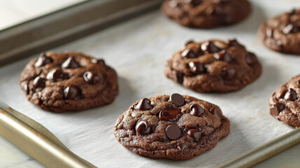 Freshly baked chocolate chip cookies on a baking sheet with parchment paper, showcasing melted chocolate chips and a tempting texture