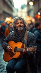 street musician plays a guitar while a small crowd gathers to listen, busy street background, soft focus
