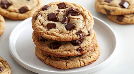 Stack of freshly baked chocolate chip cookies on a white plate, showcasing gooey chocolate pieces and a golden-brown crust