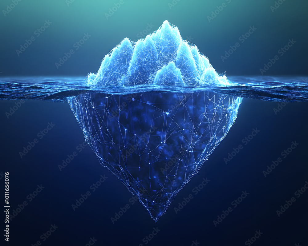 Poster the metaphor of big data, an iceberg with a small visible and large invisible part in the deep sea. 